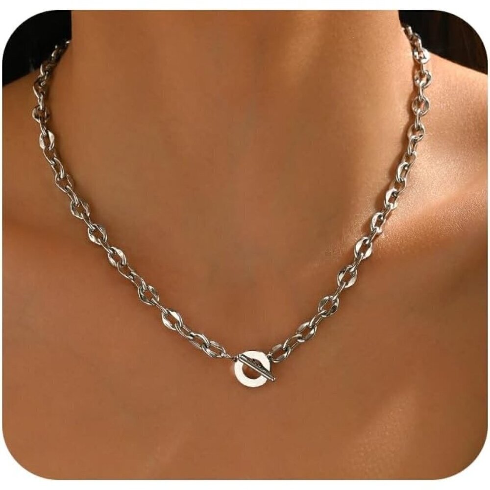 🆕 Women White Toggle Bar Clasp Chain Necklace Dainty Choker Stainless Jewelry